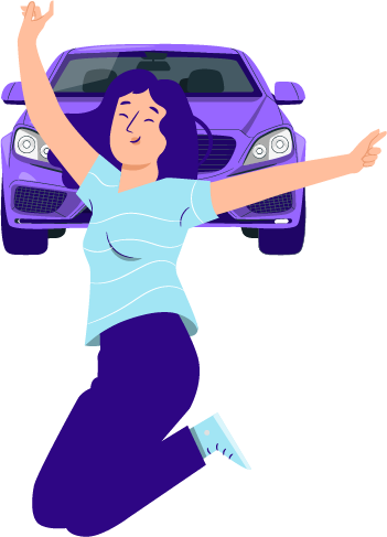 Sälj bilen till hejdåbil istället för att skrota den! Illustration på en kvinna som hoppar glatt framför sin bil.