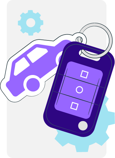 En bilnyckel i Hejdåbils lila färger - En symbol för att vid försäljning av defekt bil så tar Hejdåbil snabbt och effektivt över ansvaret för hela processen.