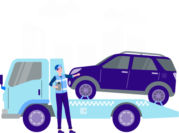 Illustration av en defekt bil som blir hämtad av en bogserbil vilket ska symbolisera en säkerhet när du vill sälja defekt bil