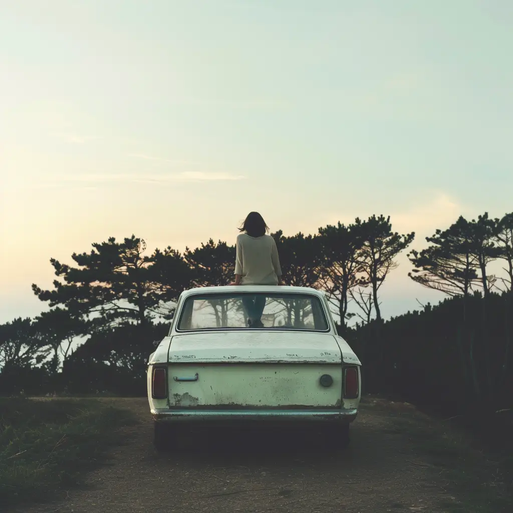 ägandekostnader, är det något att tänka på när det kommer till en gammal bil? Ett fotografi av en ung kvinna sitter ovanpå sin rostiga bil och tittar ut över skogen,