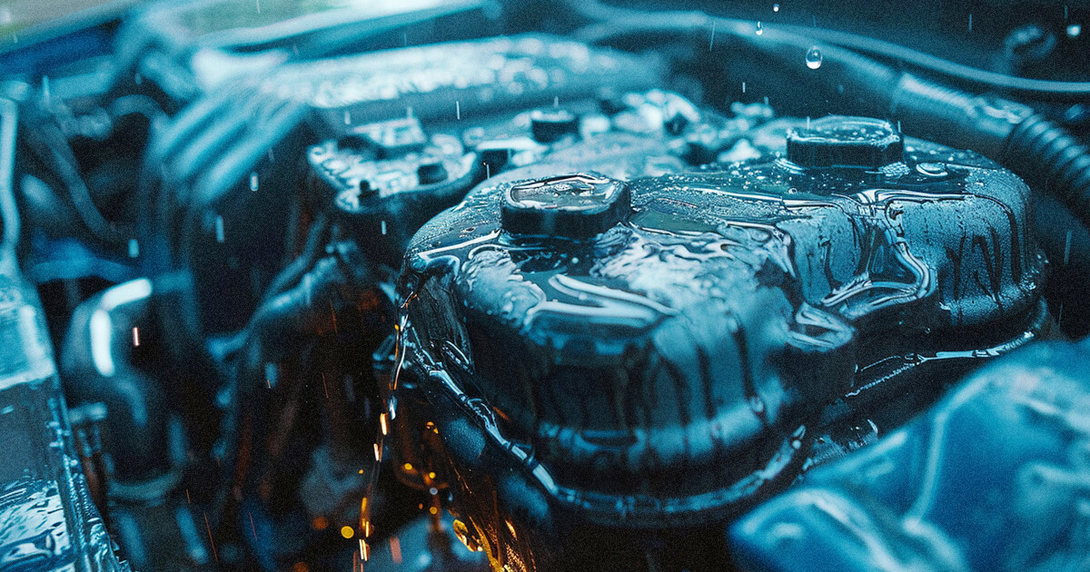 En oljig bilmotor i regnet som ska symbolisera ett Oljeläckage i motorn