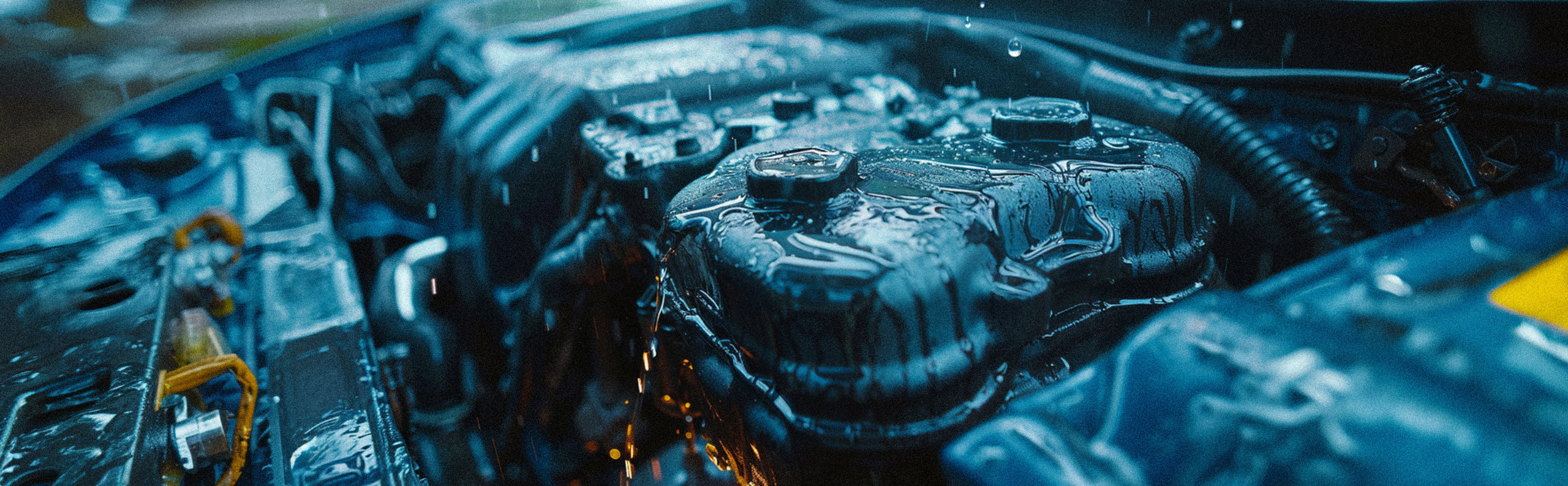 Oljig Bilmotor i regnet, som ska illustrera ett möjligt oljeläckage i motorn.
