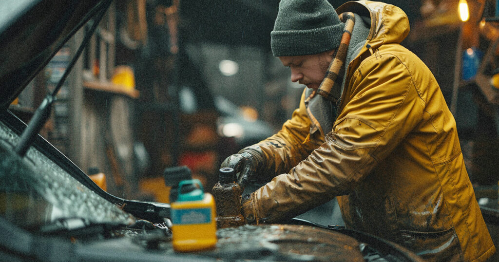 En man Kontrollerar ett eventuellt Oljeläckage i motorn på bilen. Han är täckt i olja och smuts och har på sig en gul regnjacka.