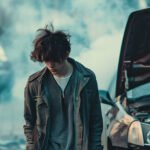 En ledsen ung man står framför sin bil som har en trasig växellåda