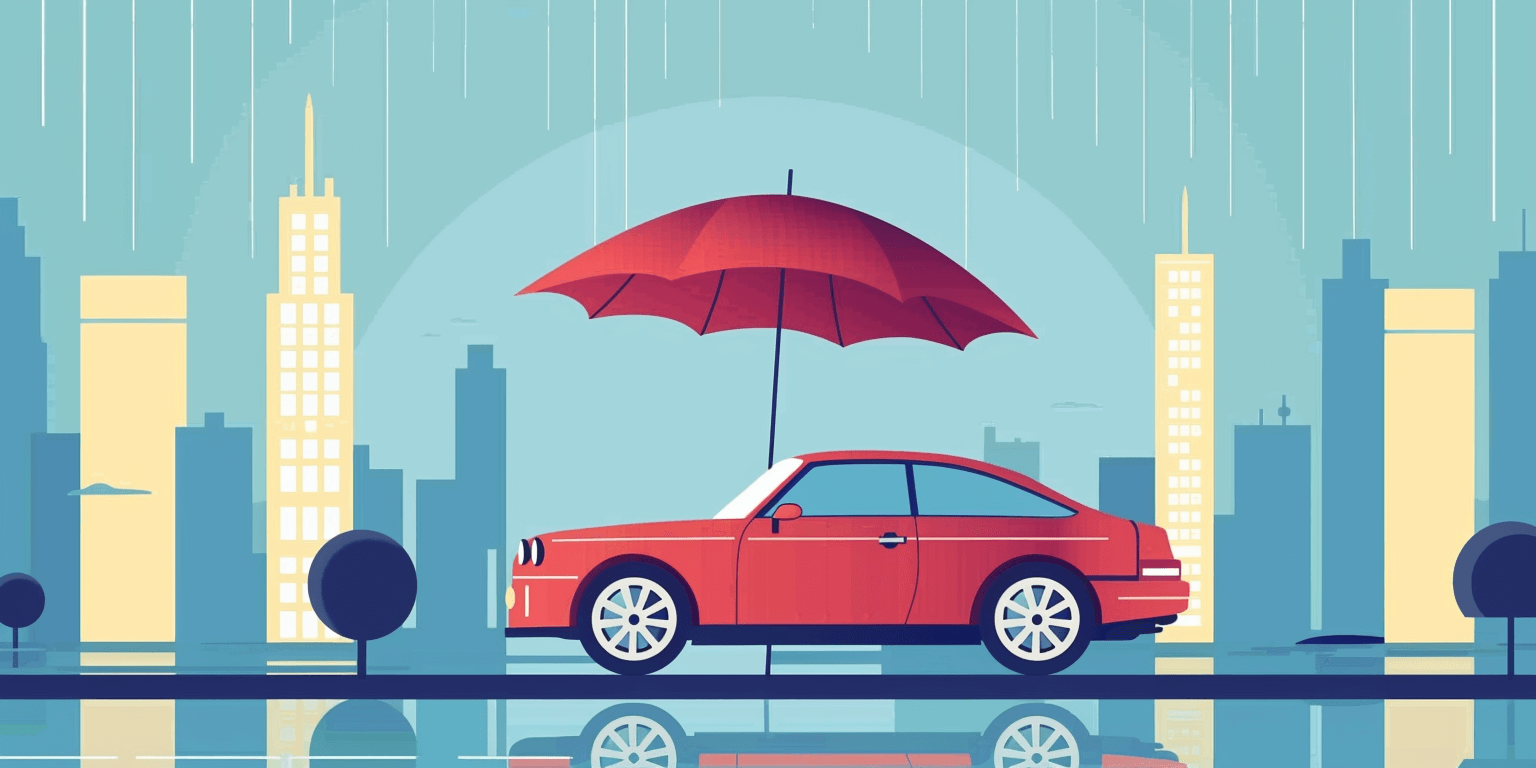 Vagnskada försäkring illustration, en bil under ett paraply i staden