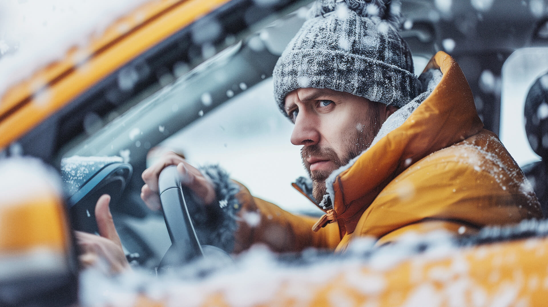 en man sitter i sin bil och undrar varför startar inte min bil, det är kallt ute, snö