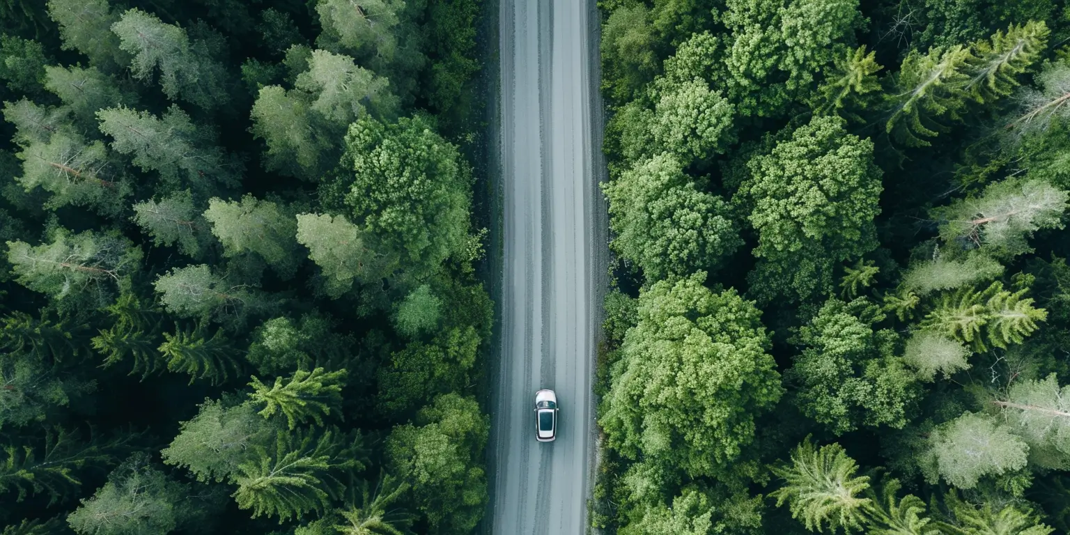 Ett flygfoto av en bil på en svensk väg, skog runt omkring