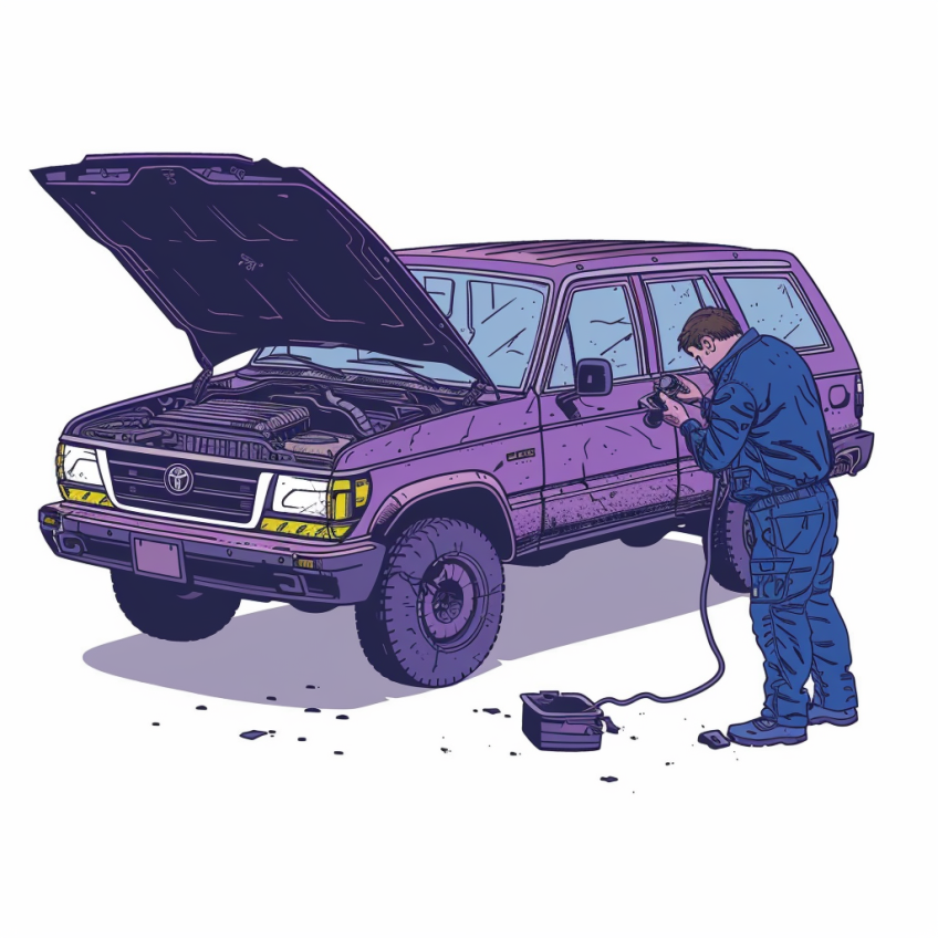 Mekaniker som arbetar med en trasig bil, kanske är det fel på växellådan, illustration