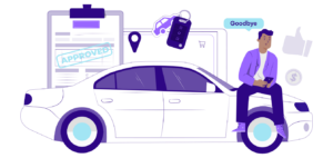 En man som säljer sin bil direkt på internet, han säger "hejdå", hejdåbil fixar med papper och nycklar i bakgrunden