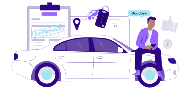 En man som säljer sin bil direkt på internet, han säger "hejdå", hejdåbil fixar med papper och nycklar i bakgrunden