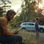 En man sitter och kollar i mobilen efter att ha krockat bilen, i bakgrunden en kvinna och en bil (volvo) i ett svenskt landskap