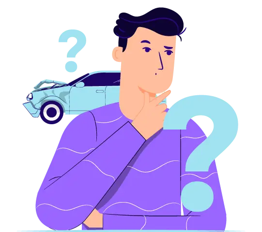 En man funderar på att sälja krockad bil, frågetecken, illustration